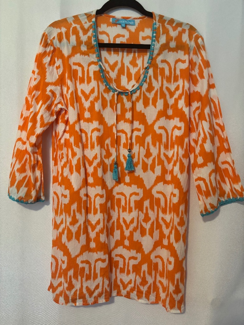 Boho Ikat Print Tassel Tunic Dress Orange White Beach Cover Up Size M Tara Miche